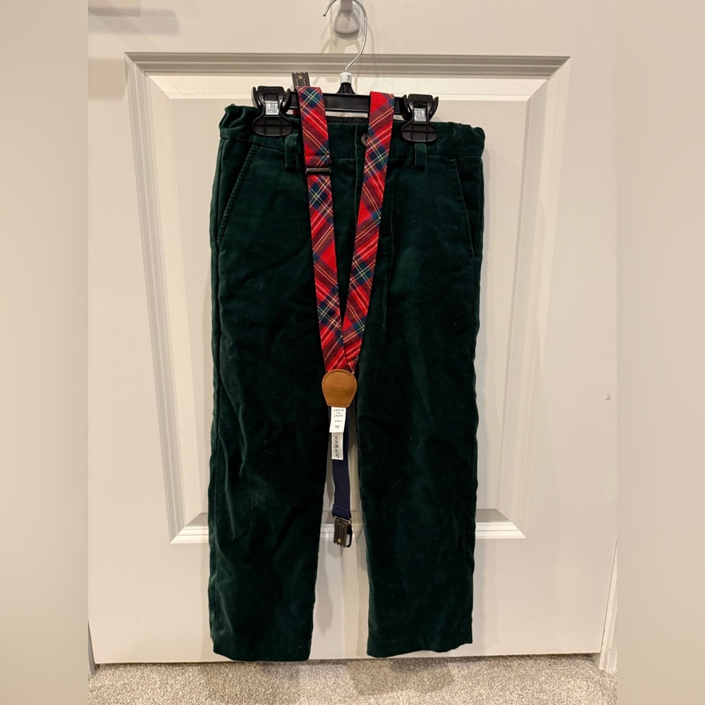 Janie and Jack Velvet Green Pants with Red Plaid Suspenders